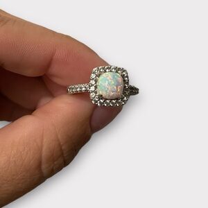 Cushion cut lab created opal and white lab created sapphire ring Sterling silver